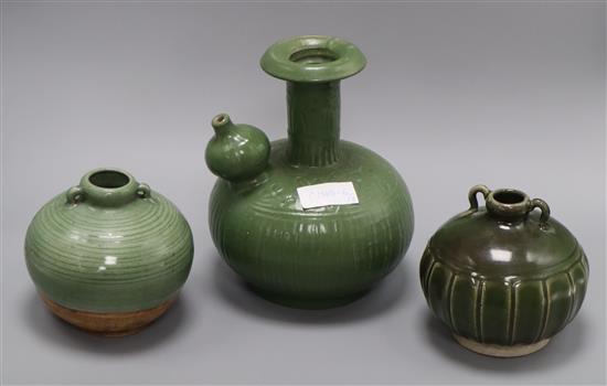 A Chinese green glazed kendi and two jars tallest 23cm